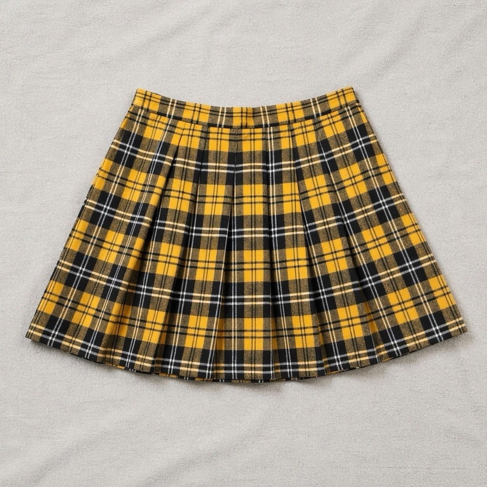 Just Polly Plaid Pleated Mini Skirt Womens Small Yellow Tartan Y2K Preppy - Picture 2 of 6